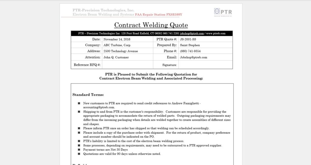 Contract EB Welding Quote Pricing